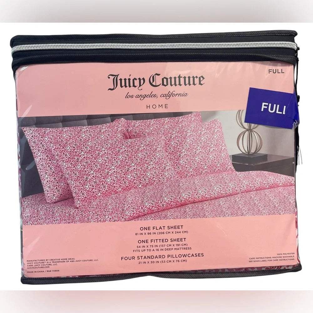 Juicy Couture 6pc DP Full Sheet Set White Red Pink Hearts Lips 4 Pillowcases NIP